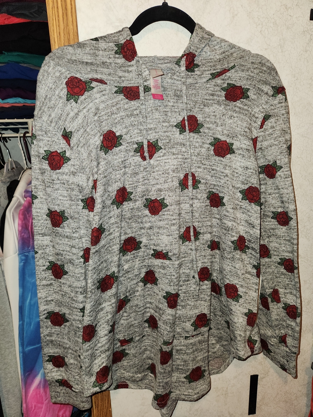 No Boundaries Gray Rose Print Zip Hoodie